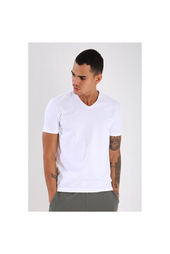 Forinns T-SHİRT V YAKA BEYAZ Erkek Tshirt F10ER-03177-02 - 2