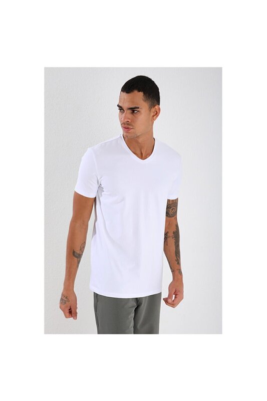 Forinns T-SHİRT V YAKA BEYAZ Erkek Tshirt F10ER-03177-02 - 3