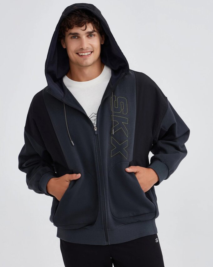 Skechers Fleece Full Zip Hoodie Gri Erkek Sweatshirt - 1