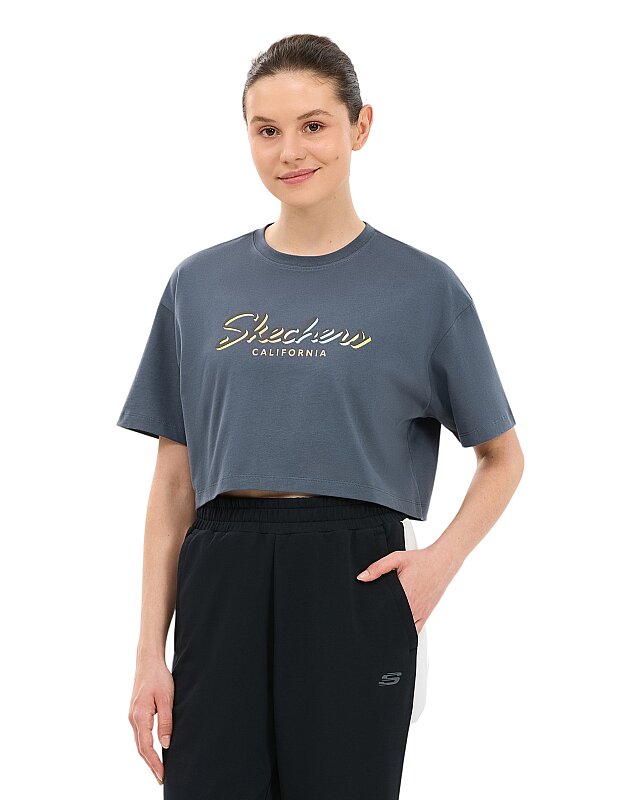 Skechers Crop Graphic Gri Kadın Tshirt - Skechers